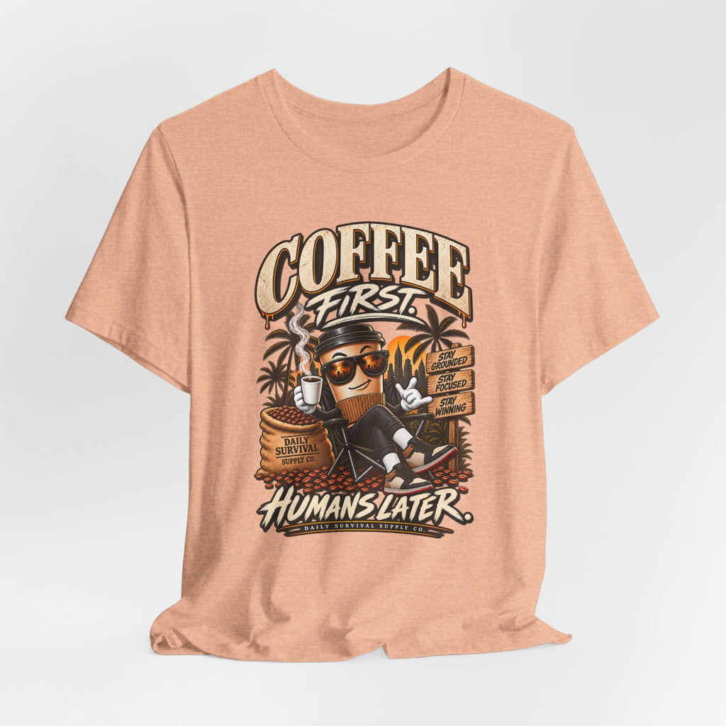 Coffee First T-Shirt | Coffee Skull Illustration, Tropical Palm, Retro Typography