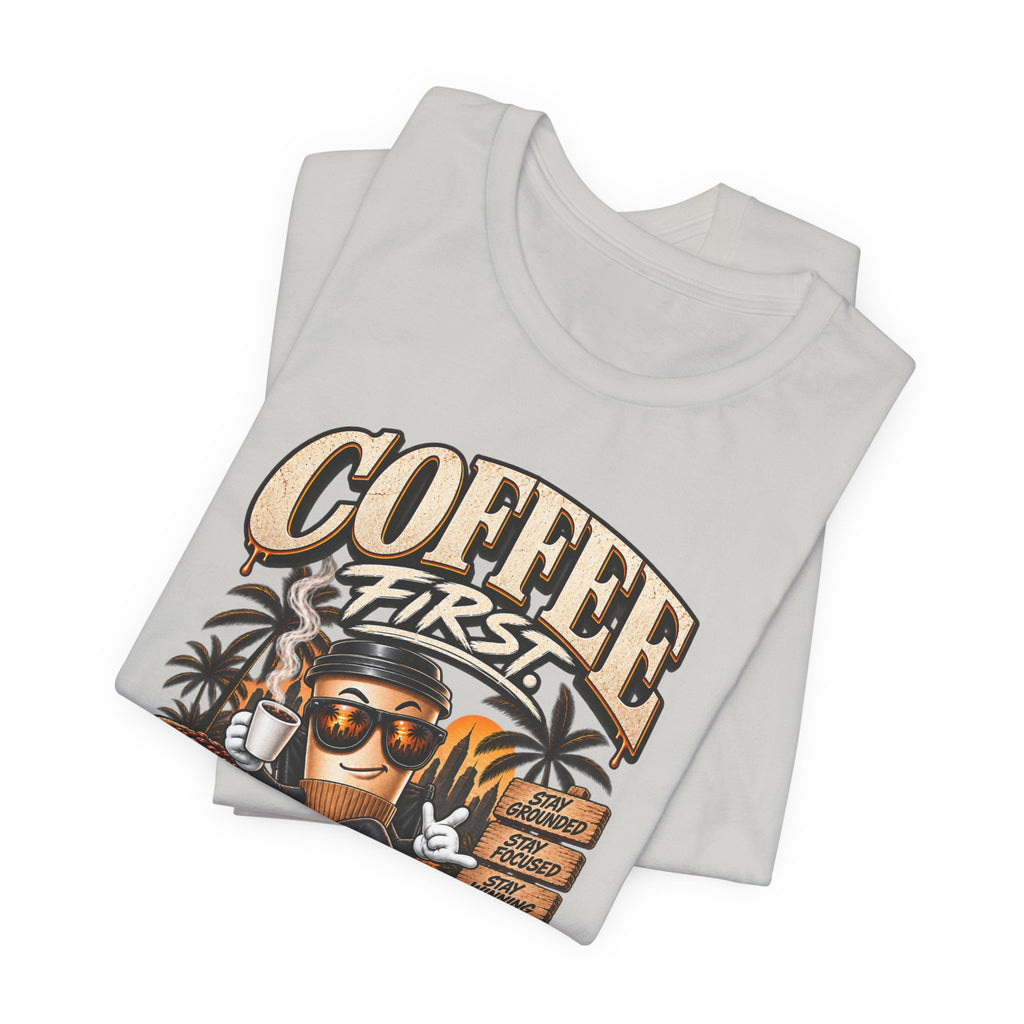 Coffee First T-Shirt | Coffee Skull Illustration, Tropical Palm, Retro Typography