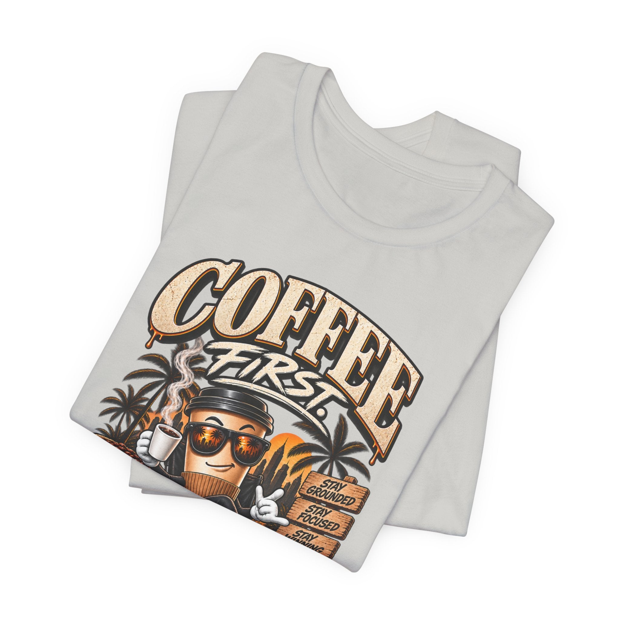 Coffee First T-Shirt | Coffee Skull Illustration, Tropical Palm, Retro Typography