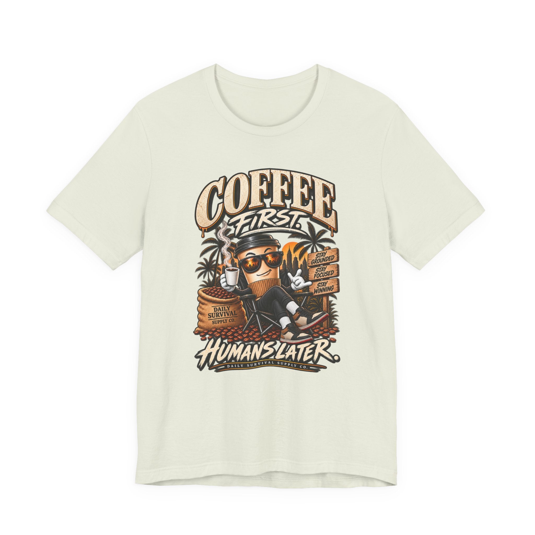 Coffee First T-Shirt | Coffee Skull Illustration, Tropical Palm, Retro Typography