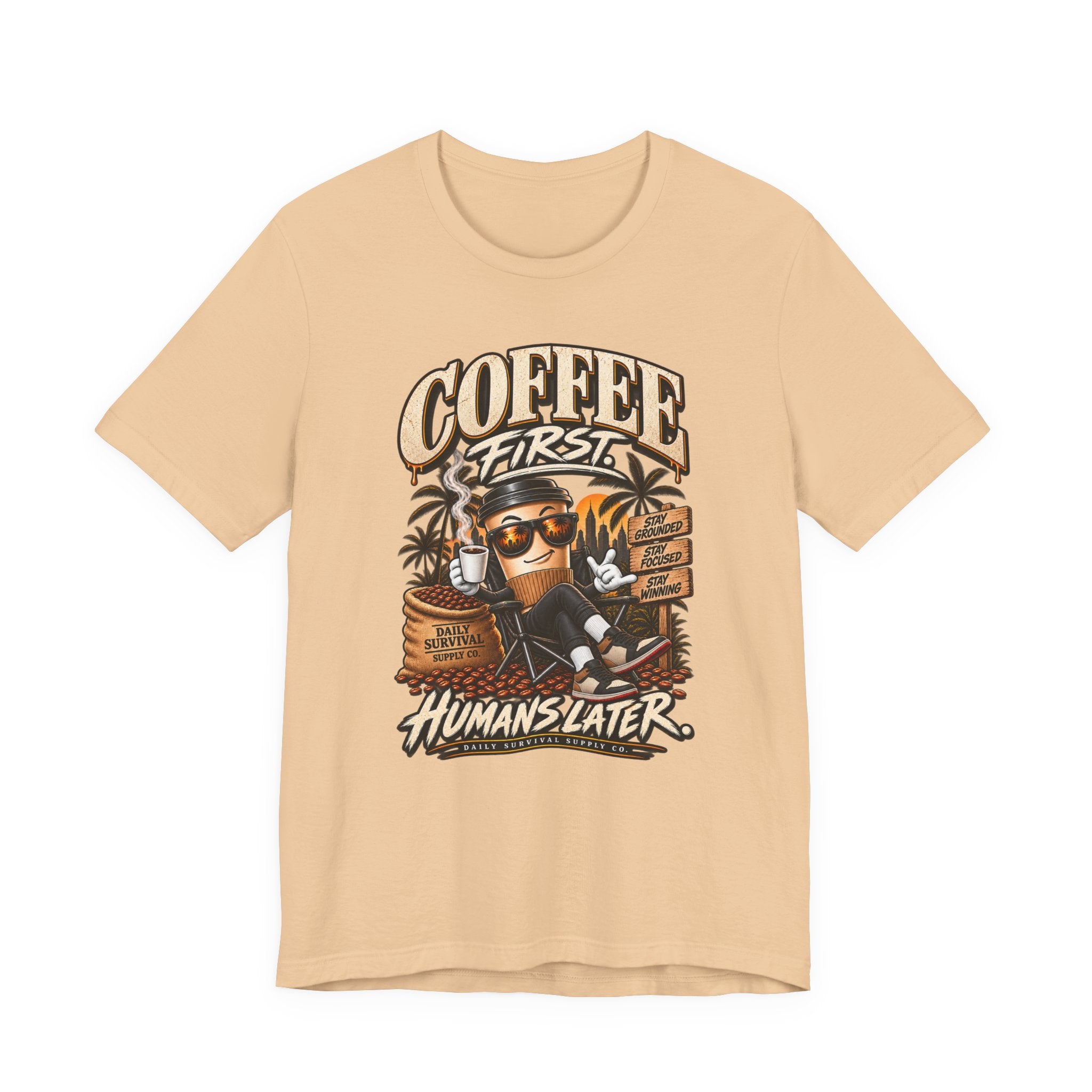 Coffee First T-Shirt | Coffee Skull Illustration, Tropical Palm, Retro Typography