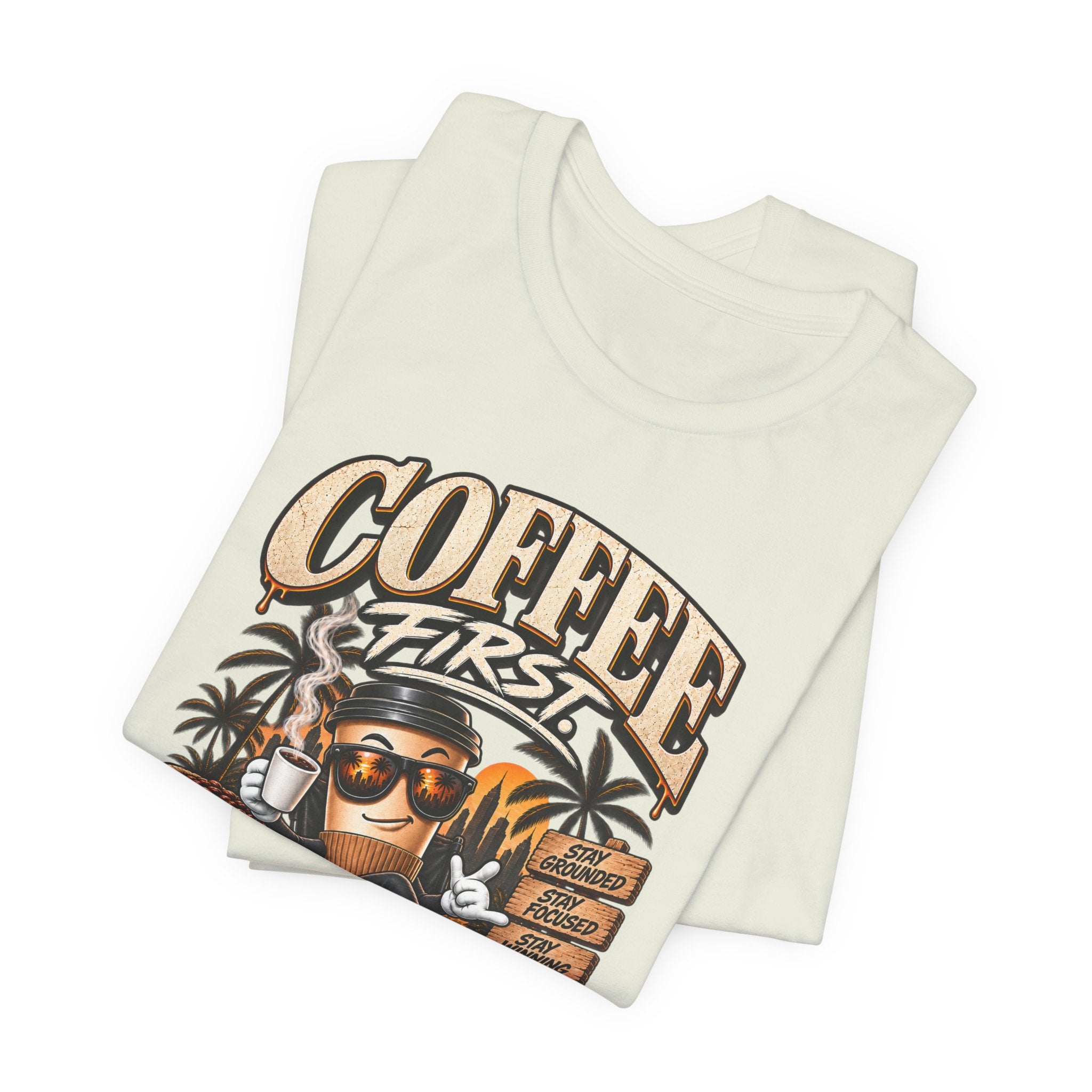 Coffee First T-Shirt | Coffee Skull Illustration, Tropical Palm, Retro Typography