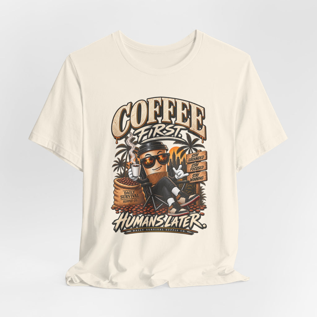 Coffee First T-Shirt | Coffee Skull Illustration, Tropical Palm, Retro Typography