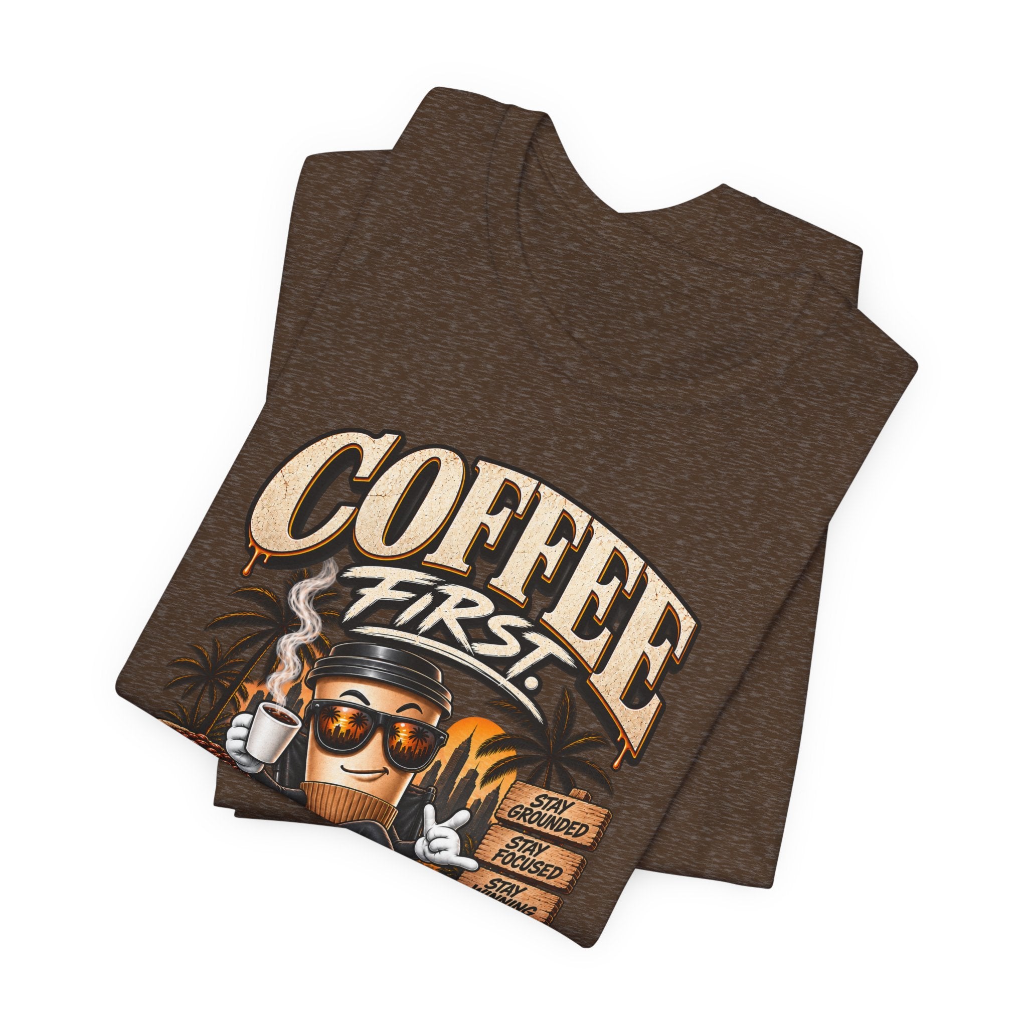 Coffee First T-Shirt | Coffee Skull Illustration, Tropical Palm, Retro Typography