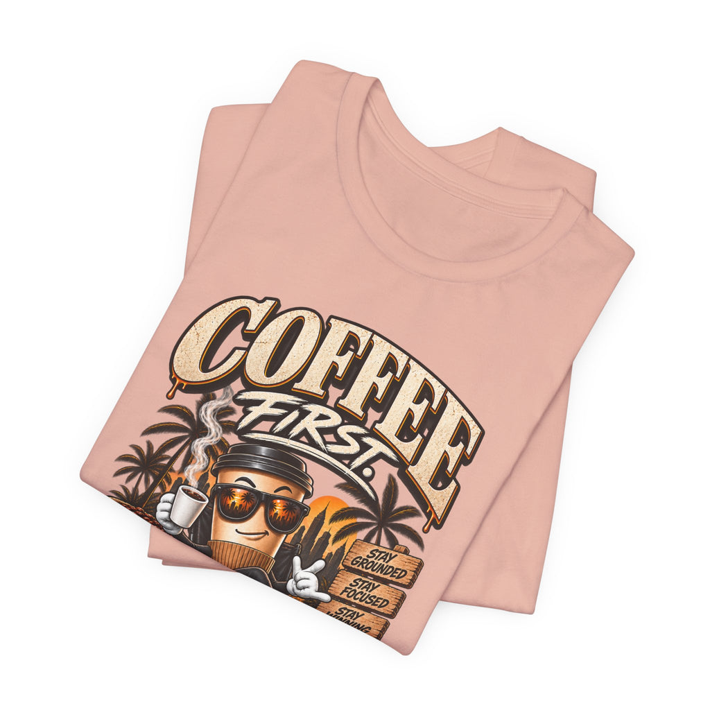Coffee First T-Shirt | Coffee Skull Illustration, Tropical Palm, Retro Typography