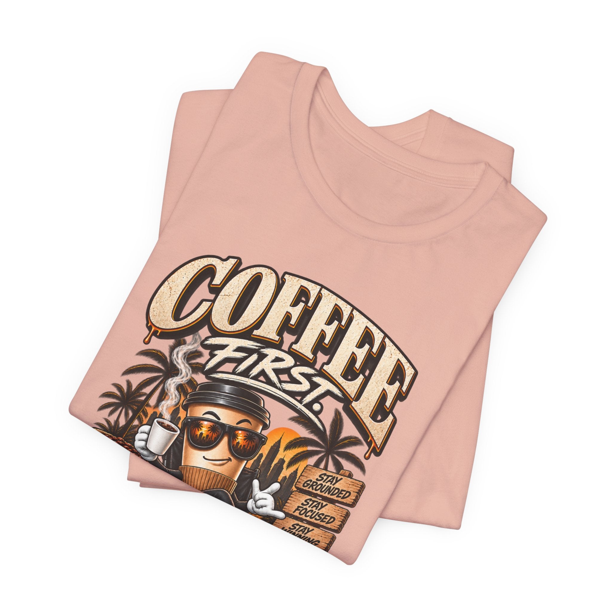 Coffee First T-Shirt | Coffee Skull Illustration, Tropical Palm, Retro Typography