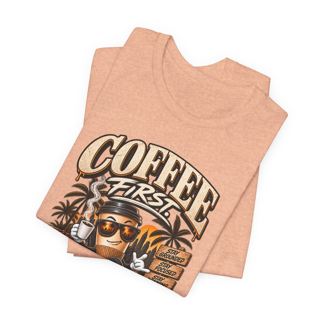 Coffee First T-Shirt | Coffee Skull Illustration, Tropical Palm, Retro Typography