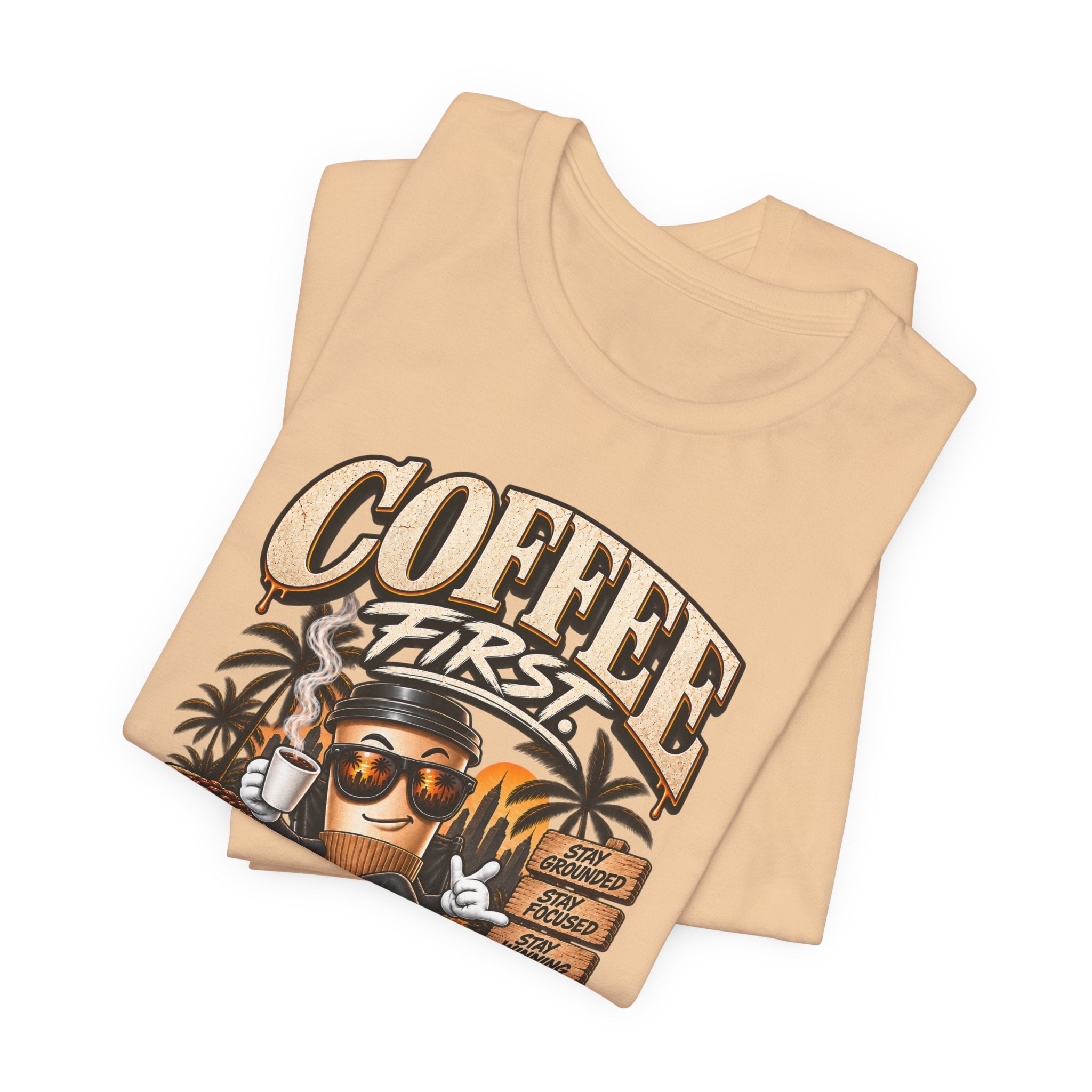 Coffee First T-Shirt | Coffee Skull Illustration, Tropical Palm, Retro Typography
