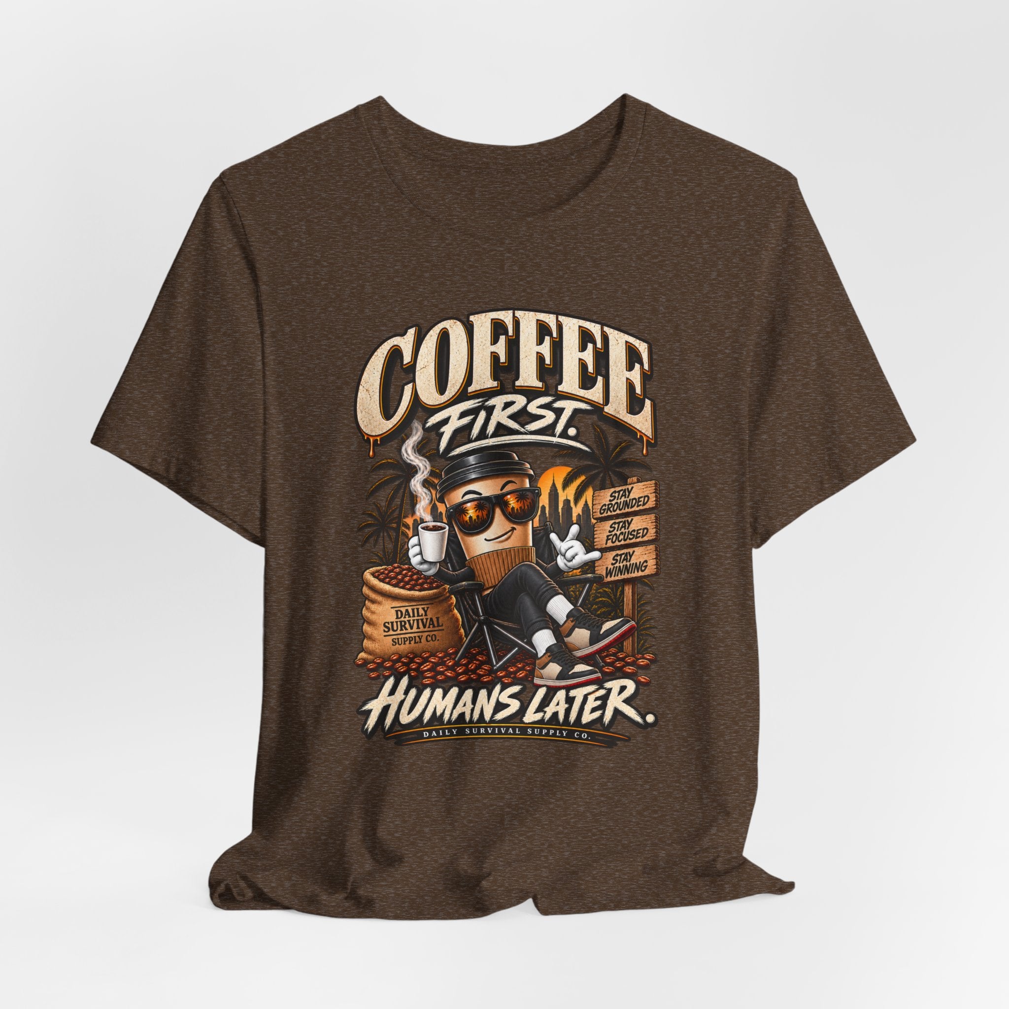 Coffee First T-Shirt | Coffee Skull Illustration, Tropical Palm, Retro Typography