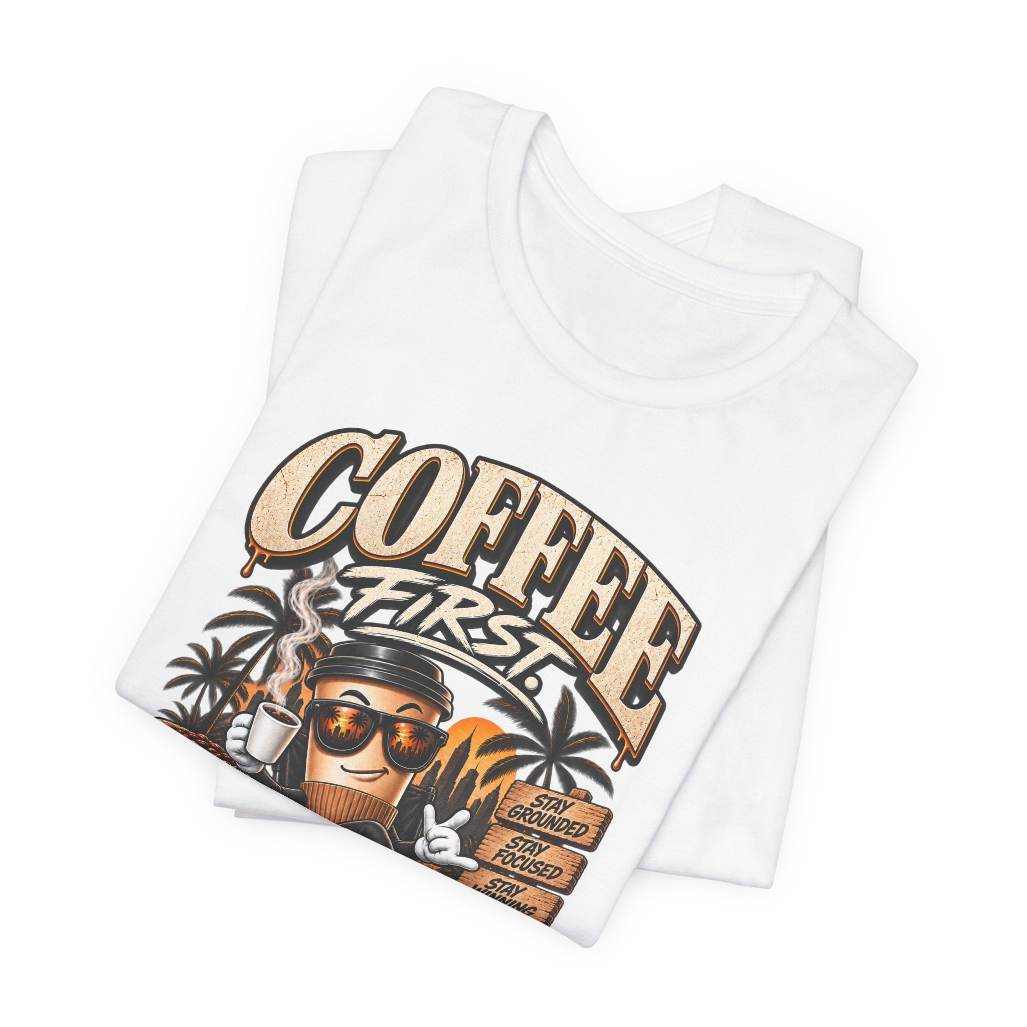 Coffee First T-Shirt | Coffee Skull Illustration, Tropical Palm, Retro Typography