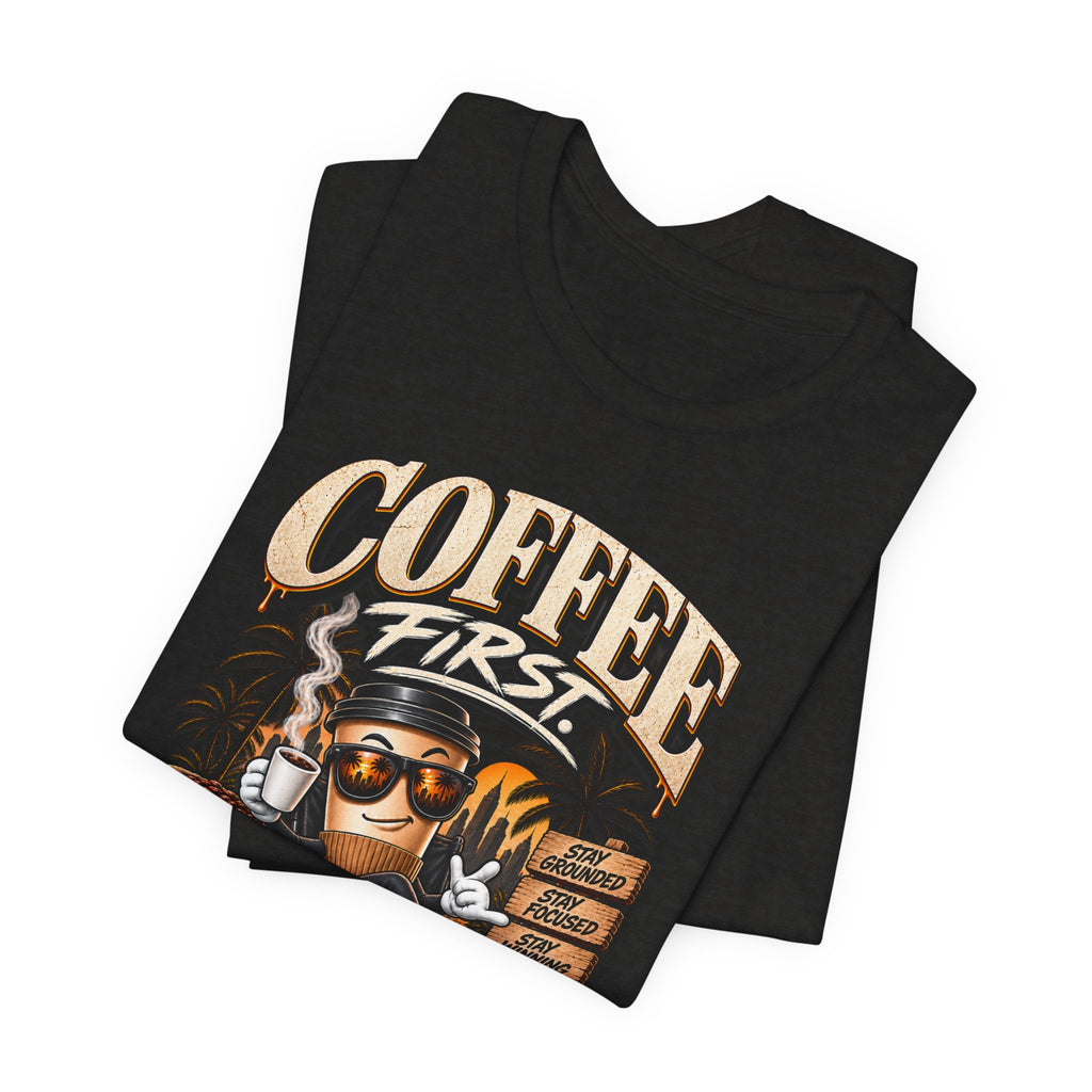 Coffee First T-Shirt | Coffee Skull Illustration, Tropical Palm, Retro Typography