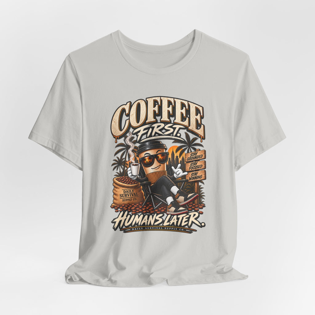 Coffee First T-Shirt | Coffee Skull Illustration, Tropical Palm, Retro Typography