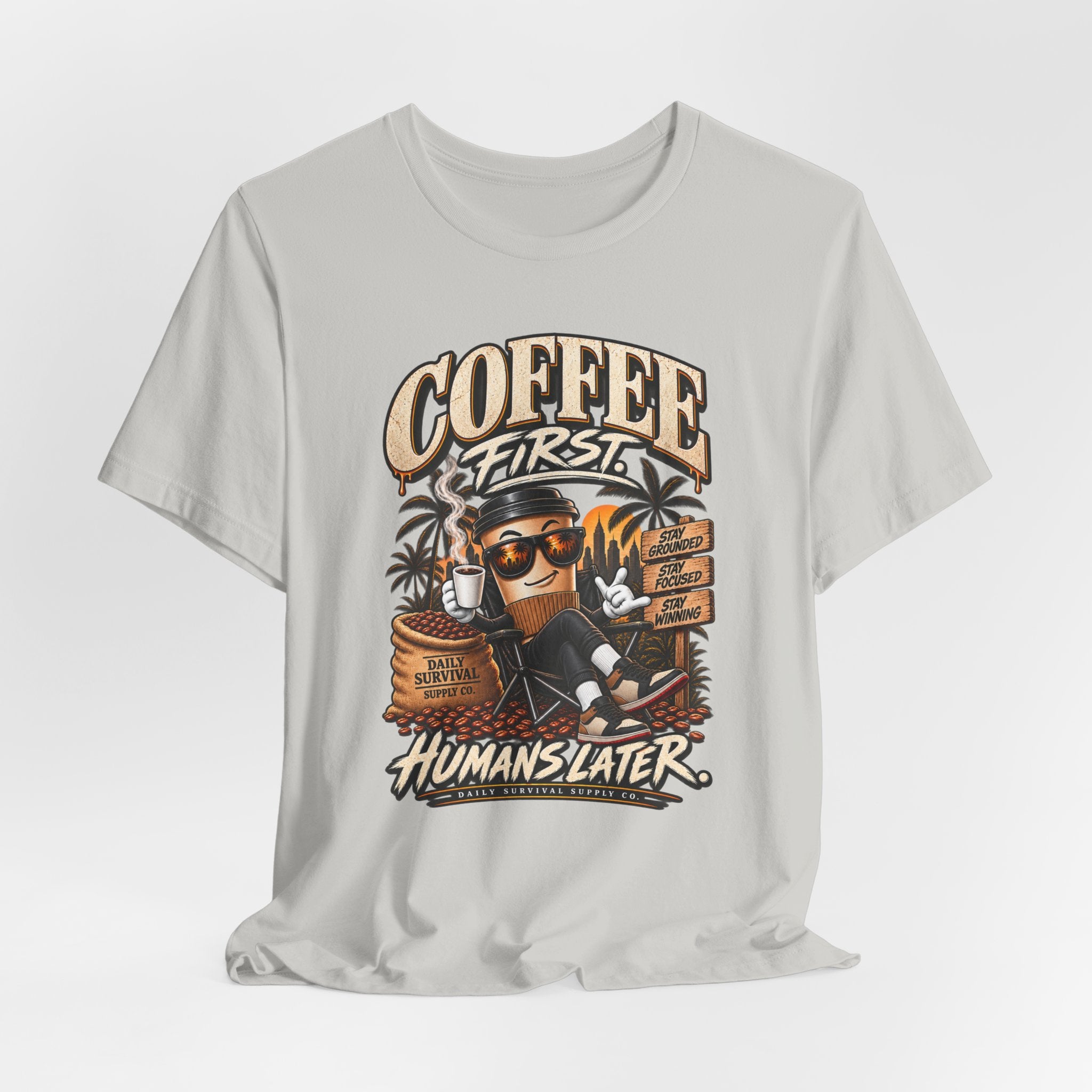 Coffee First T-Shirt | Coffee Skull Illustration, Tropical Palm, Retro Typography