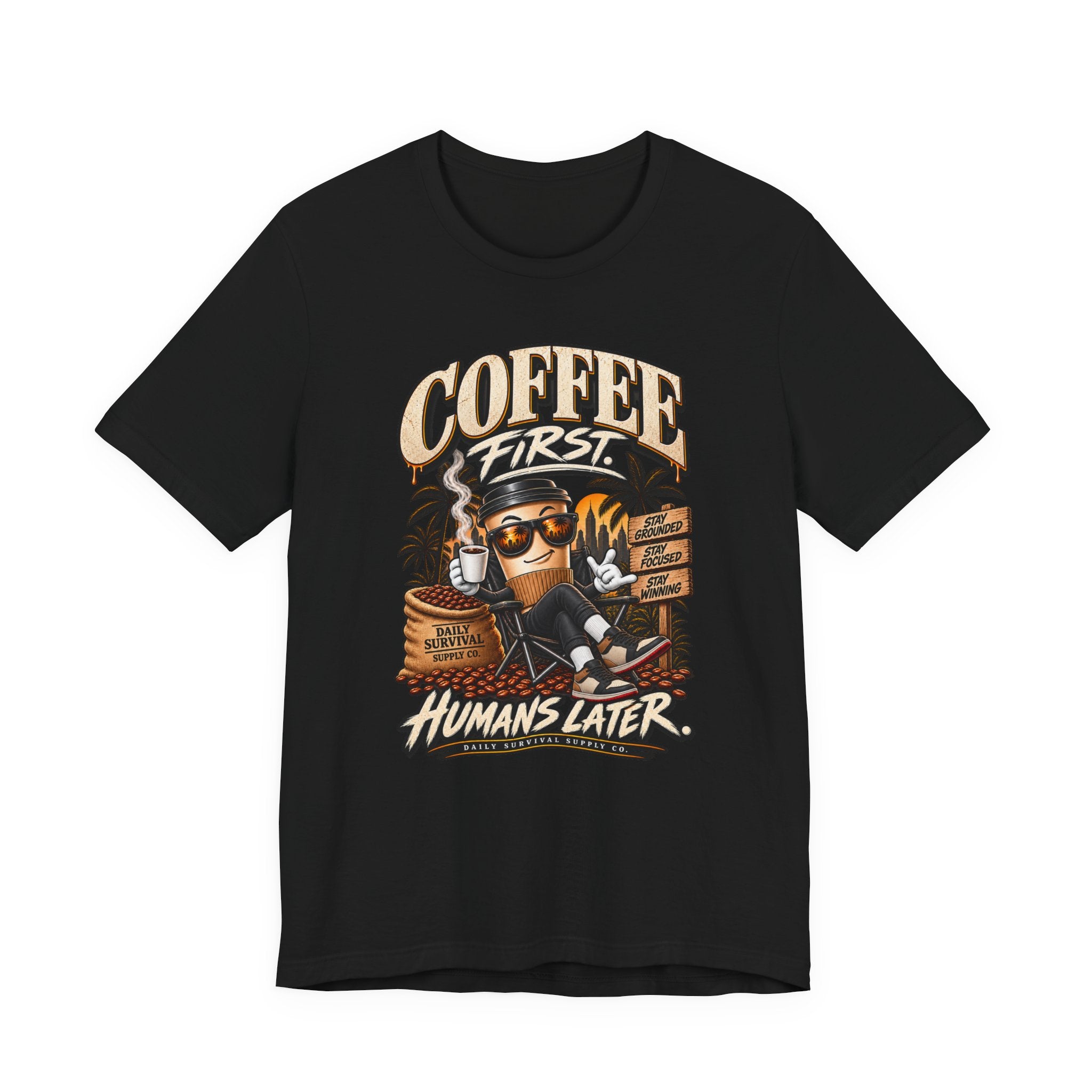 Coffee First T-Shirt | Coffee Skull Illustration, Tropical Palm, Retro Typography