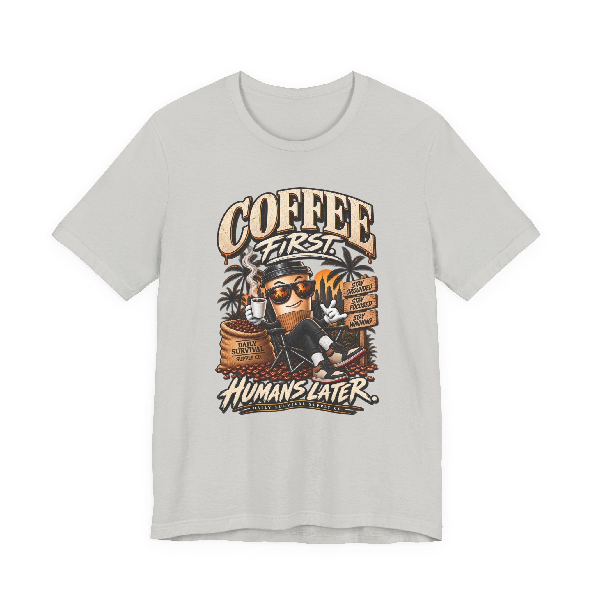 Coffee First T-Shirt | Coffee Skull Illustration, Tropical Palm, Retro Typography