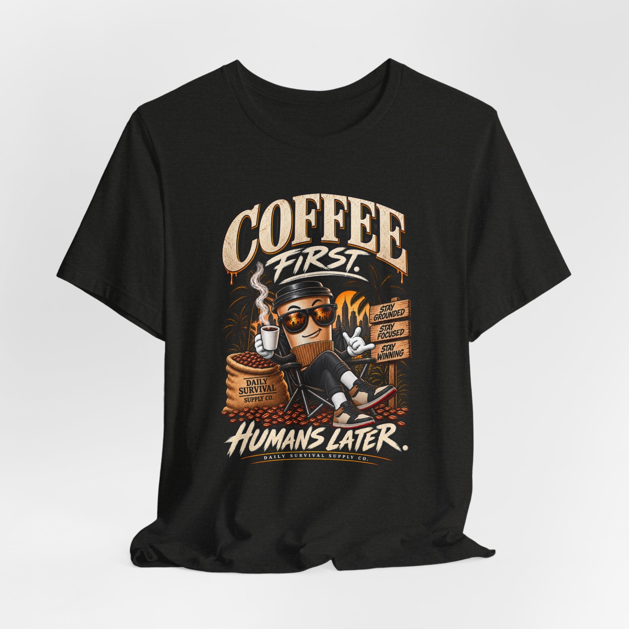Coffee First T-Shirt | Coffee Skull Illustration, Tropical Palm, Retro Typography