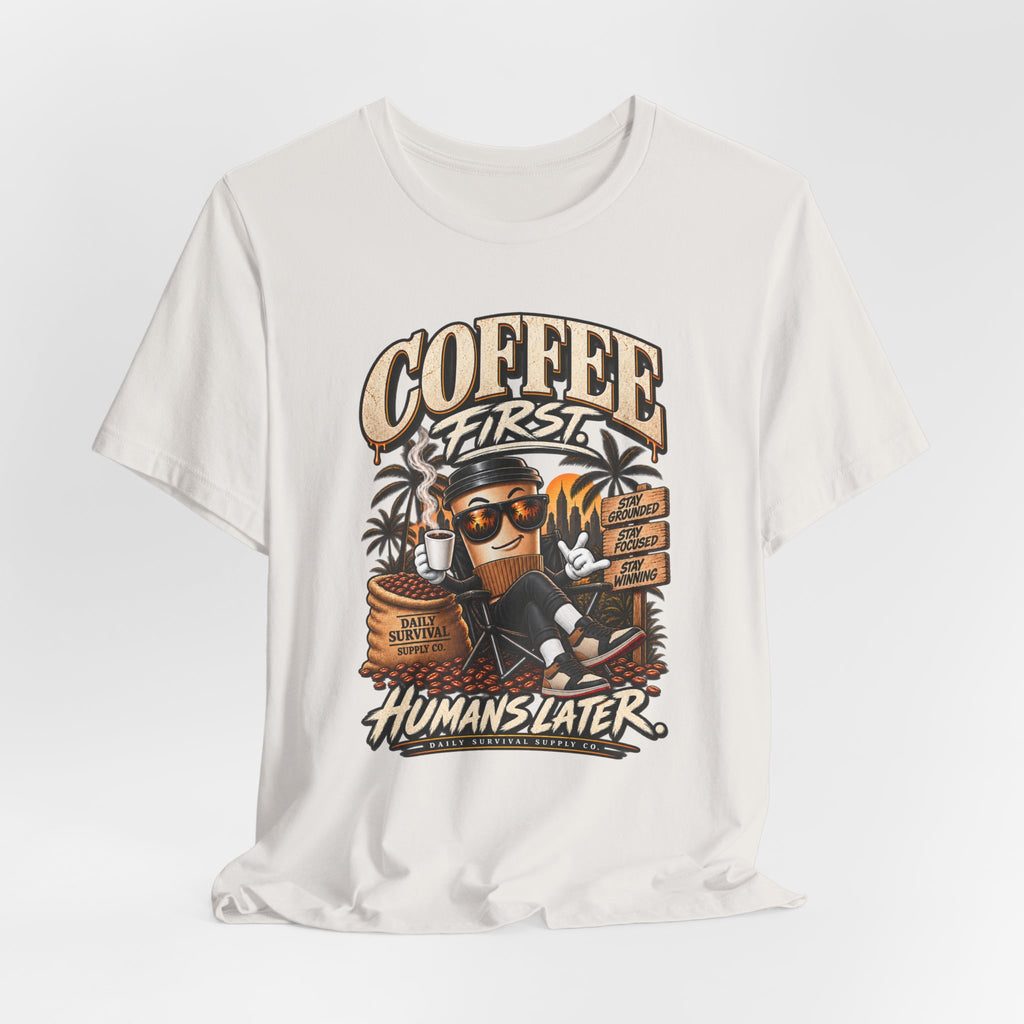 Coffee First T-Shirt | Coffee Skull Illustration, Tropical Palm, Retro Typography