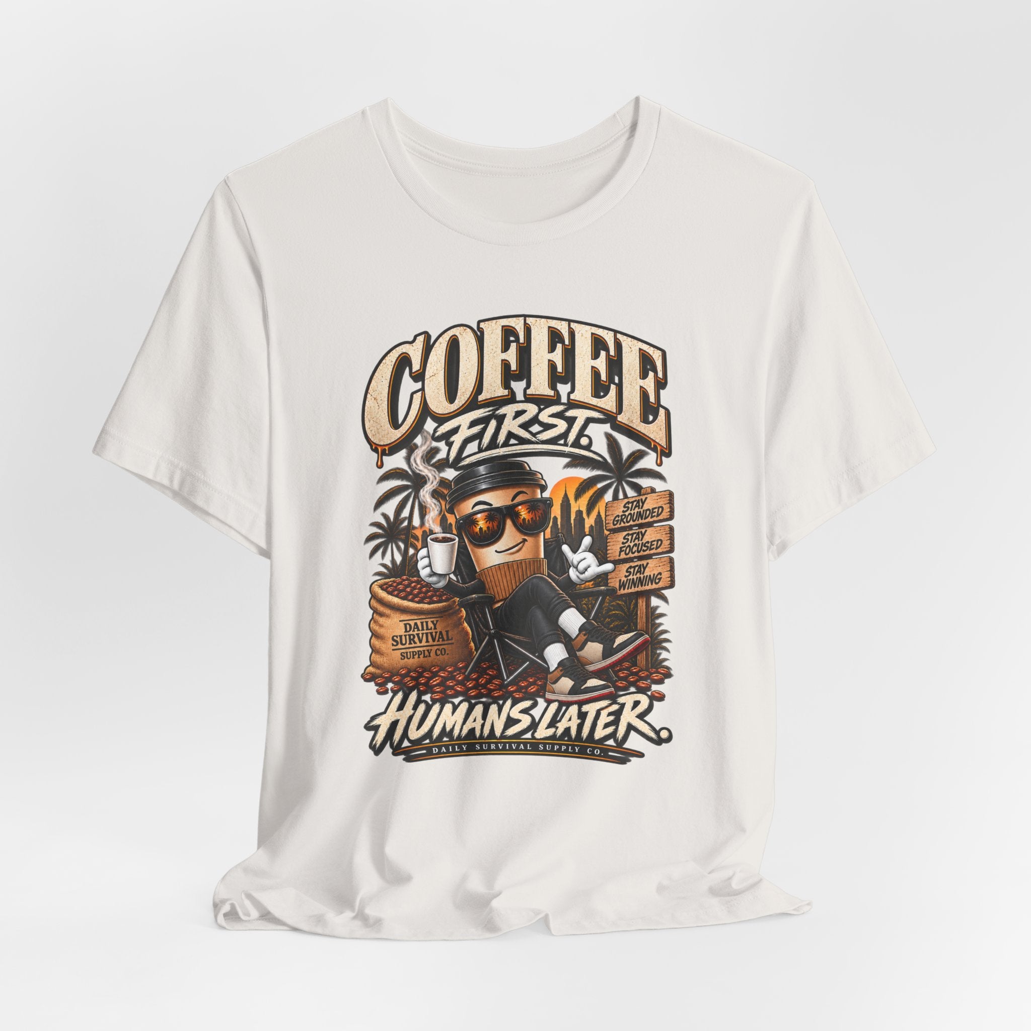 Coffee First T-Shirt | Coffee Skull Illustration, Tropical Palm, Retro Typography