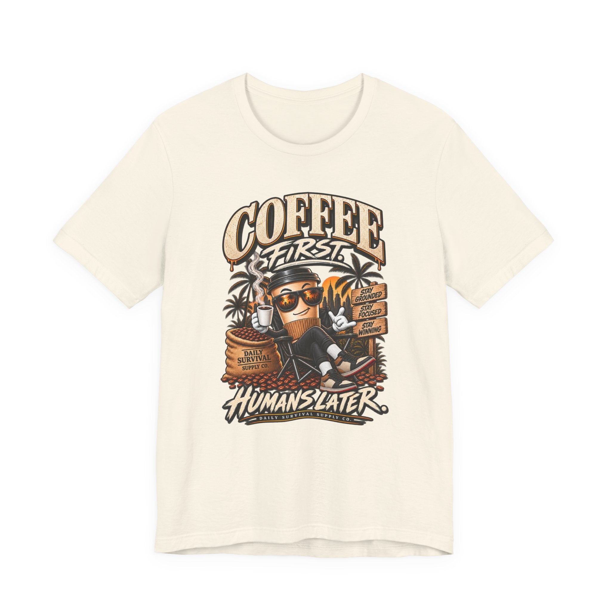 Coffee First T-Shirt | Coffee Skull Illustration, Tropical Palm, Retro Typography