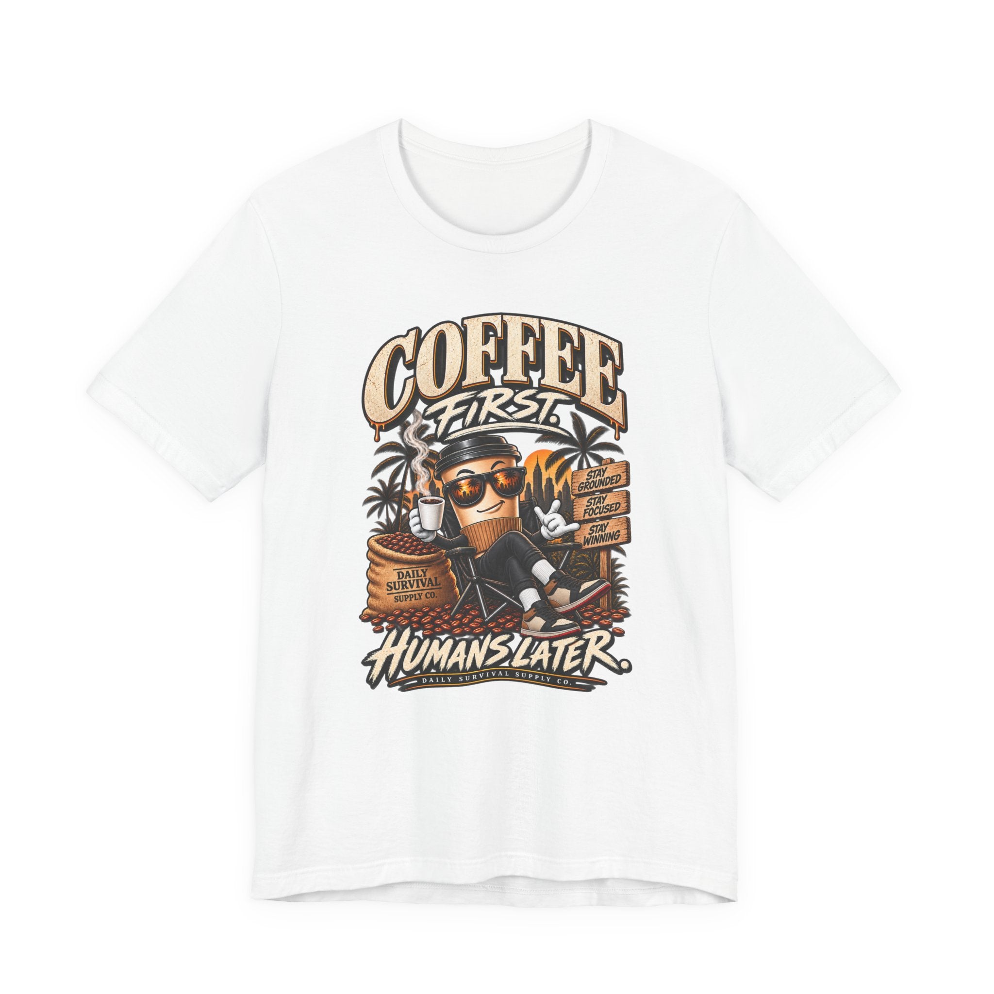 Coffee First T-Shirt | Coffee Skull Illustration, Tropical Palm, Retro Typography