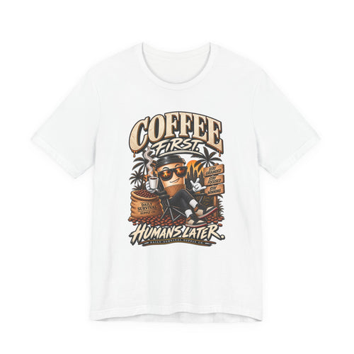 Coffee First T-Shirt | Coffee Skull Illustration, Tropical Palm, Retro Typography