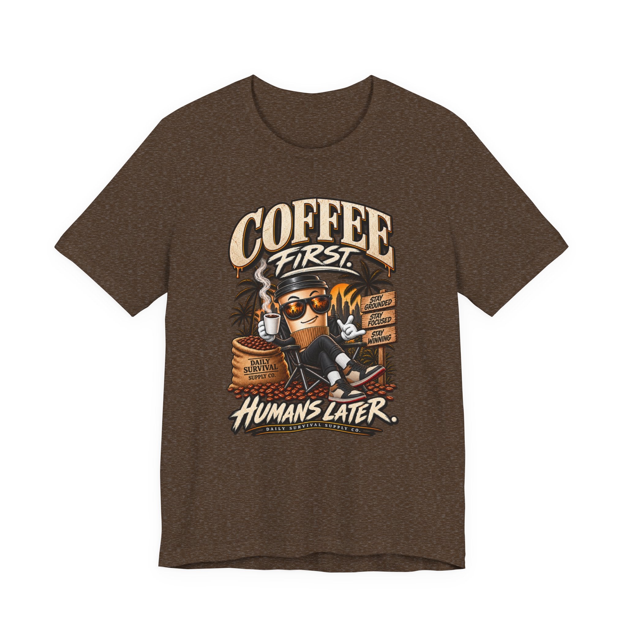 Coffee First T-Shirt | Coffee Skull Illustration, Tropical Palm, Retro Typography