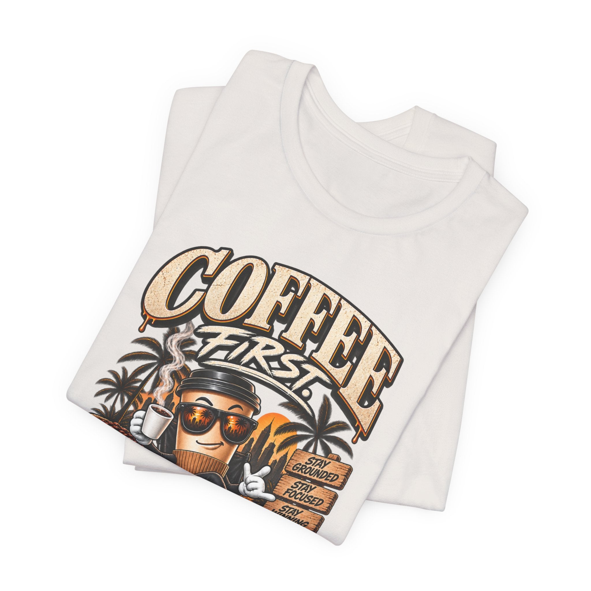 Coffee First T-Shirt | Coffee Skull Illustration, Tropical Palm, Retro Typography