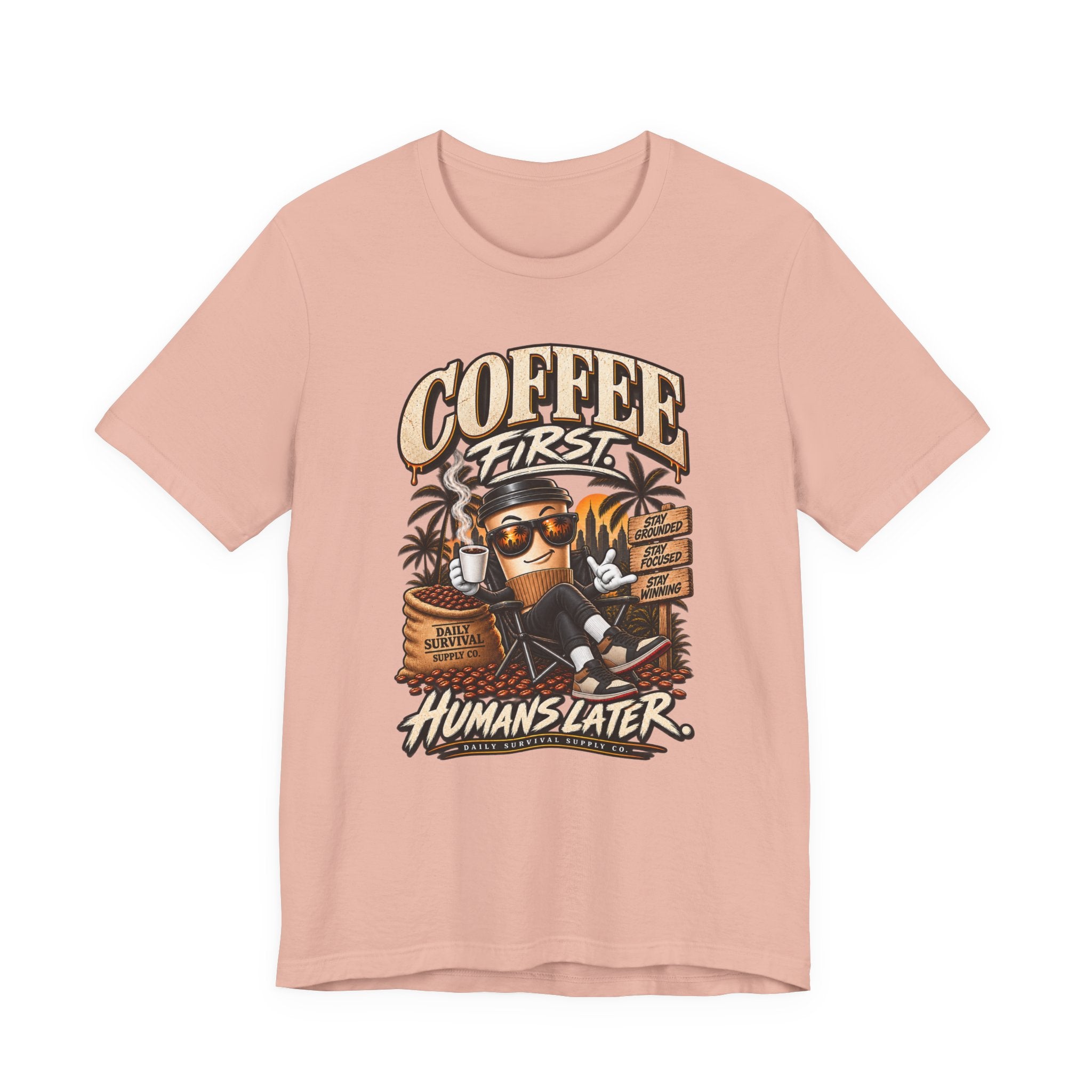 Coffee First T-Shirt | Coffee Skull Illustration, Tropical Palm, Retro Typography