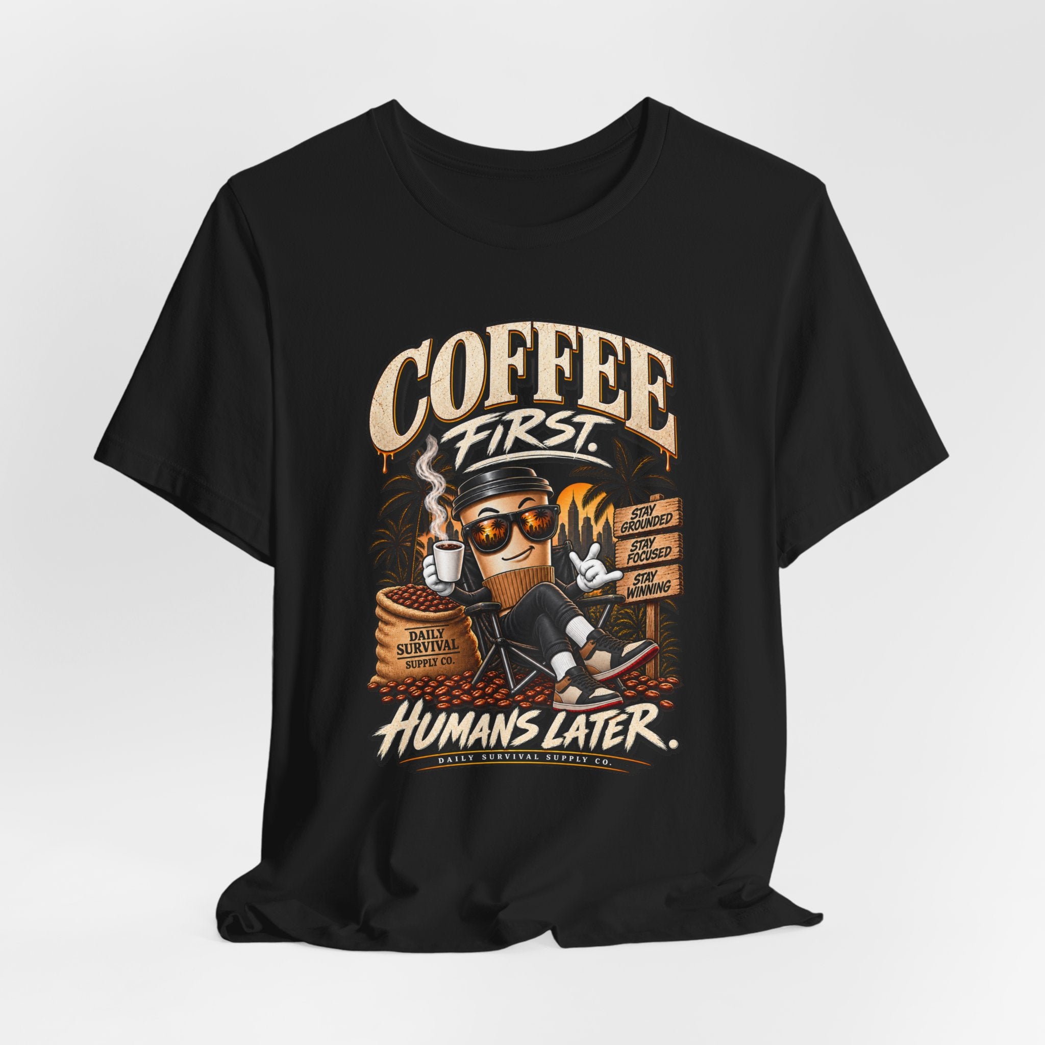 Coffee First T-Shirt | Coffee Skull Illustration, Tropical Palm, Retro Typography
