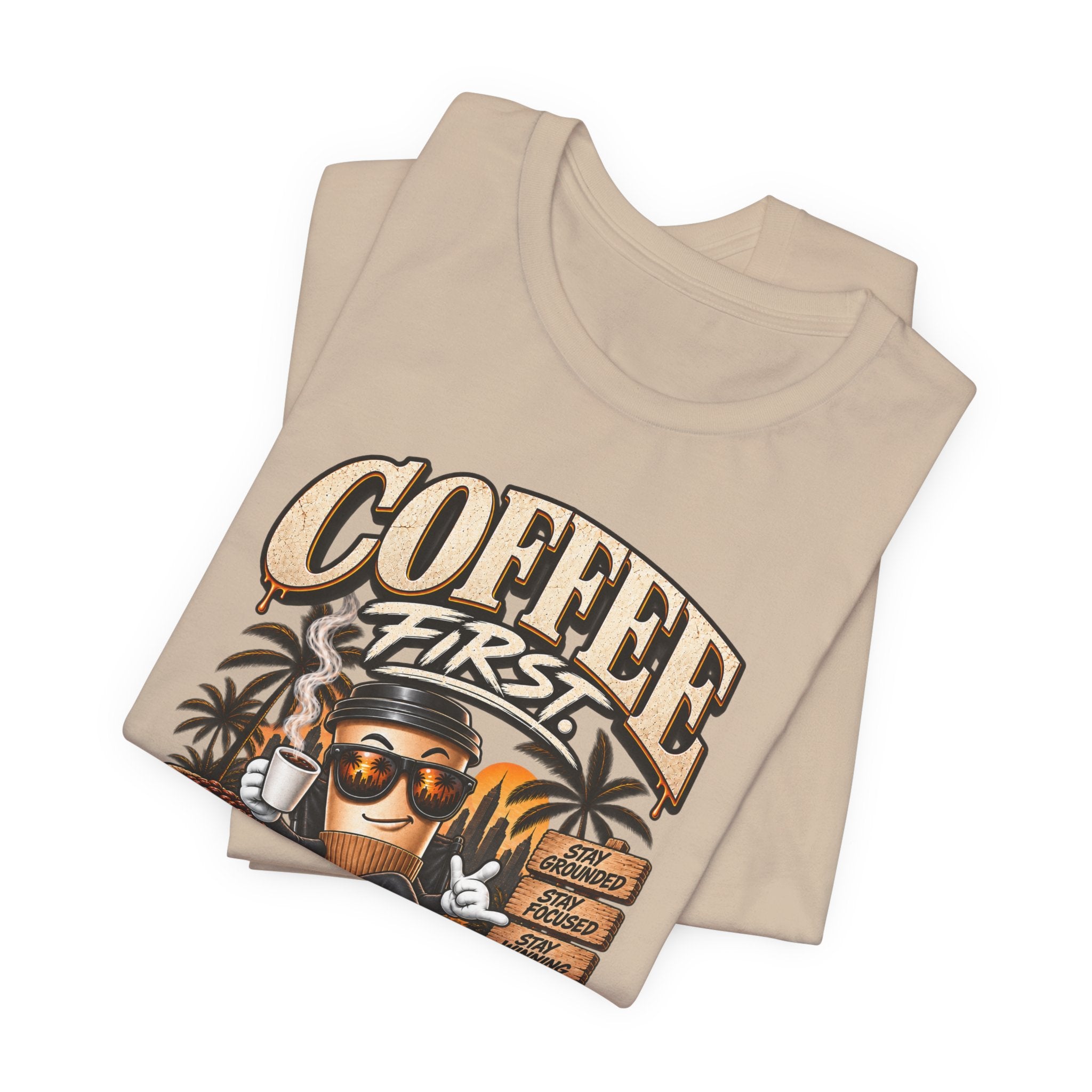 Coffee First T-Shirt | Coffee Skull Illustration, Tropical Palm, Retro Typography