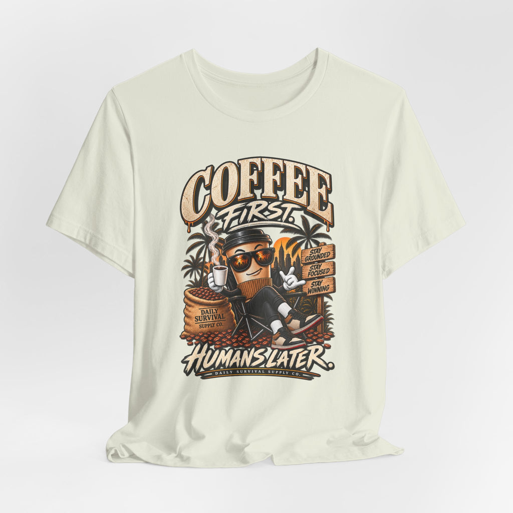 Coffee First T-Shirt | Coffee Skull Illustration, Tropical Palm, Retro Typography