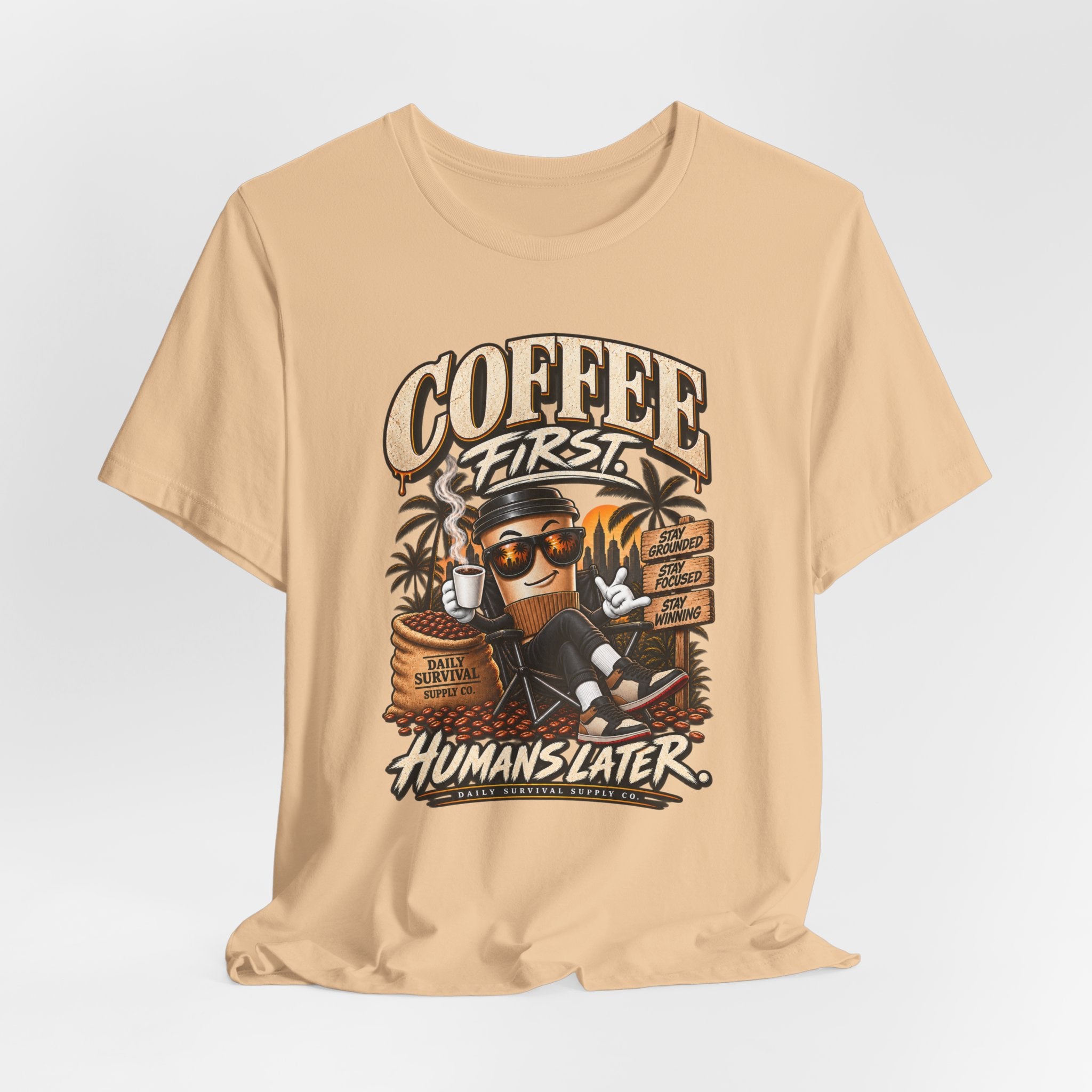 Coffee First T-Shirt | Coffee Skull Illustration, Tropical Palm, Retro Typography