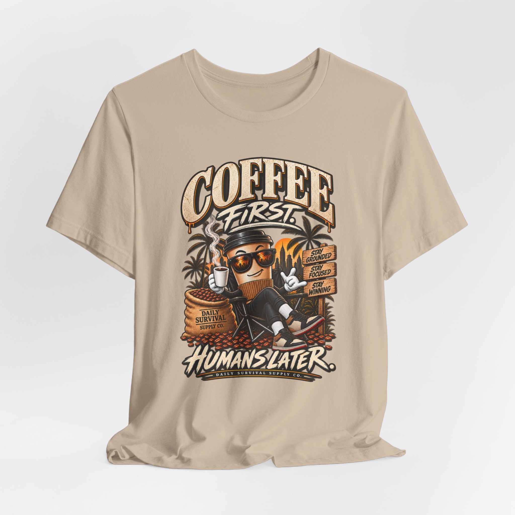 Coffee First T-Shirt | Coffee Skull Illustration, Tropical Palm, Retro Typography