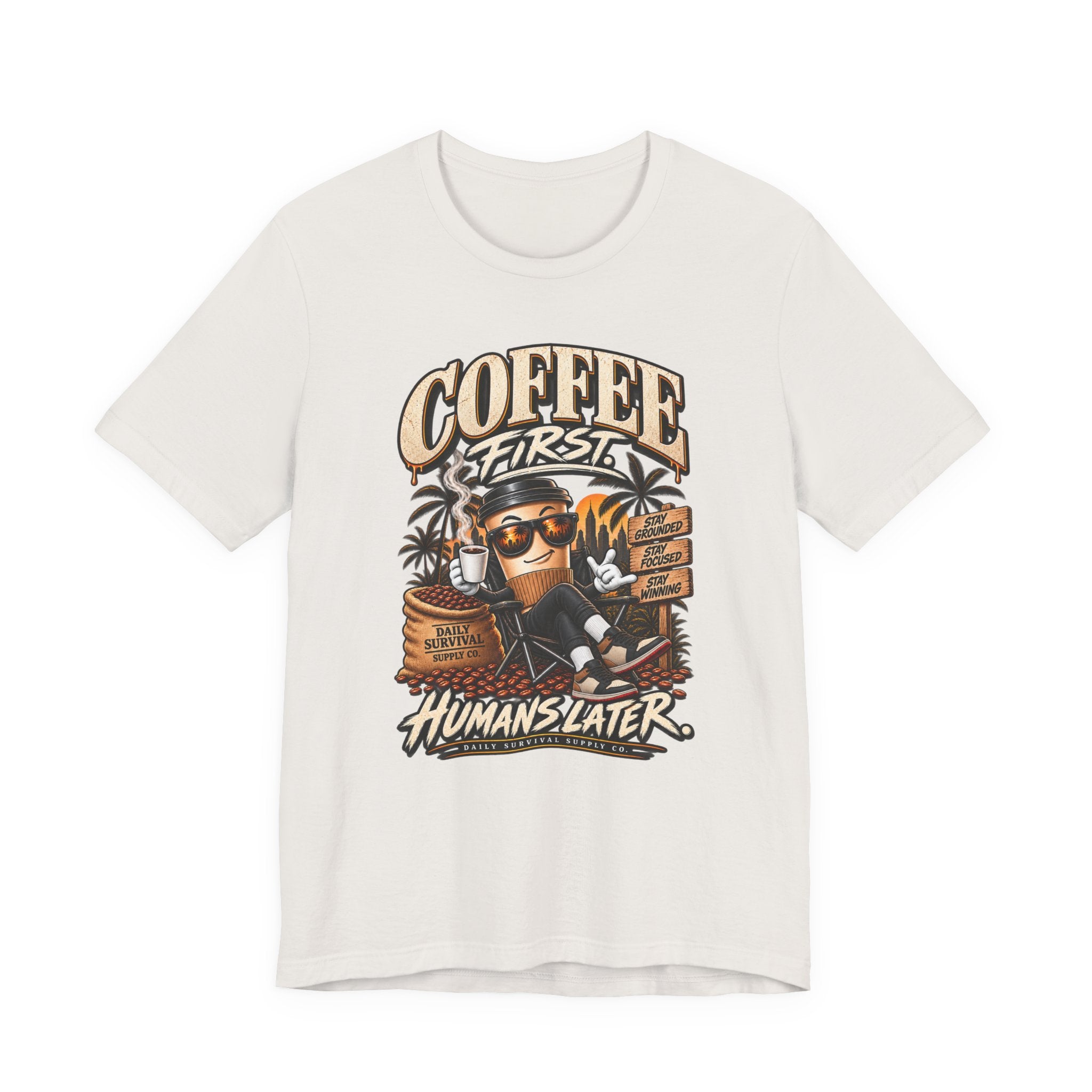 Coffee First T-Shirt | Coffee Skull Illustration, Tropical Palm, Retro Typography