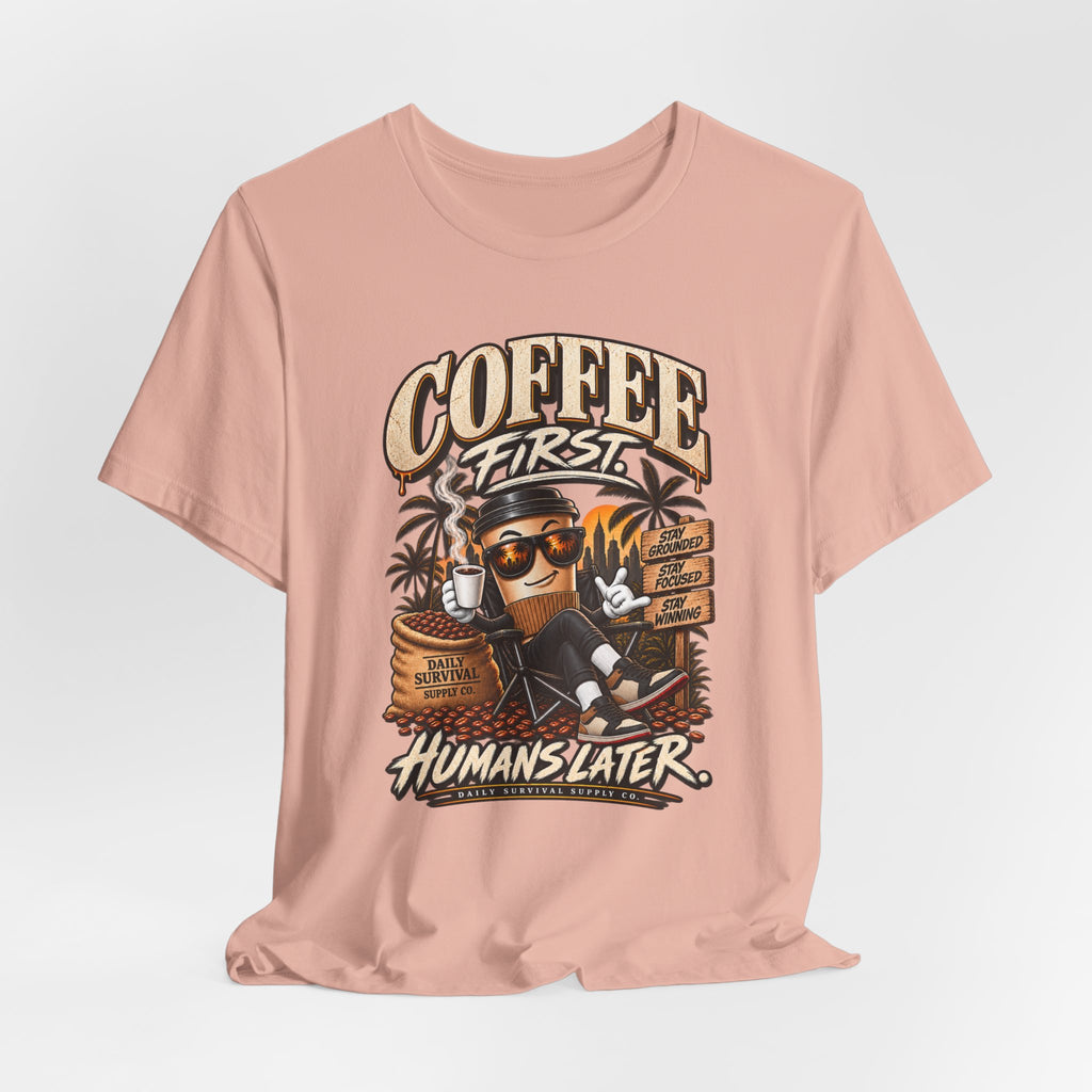 Coffee First T-Shirt | Coffee Skull Illustration, Tropical Palm, Retro Typography