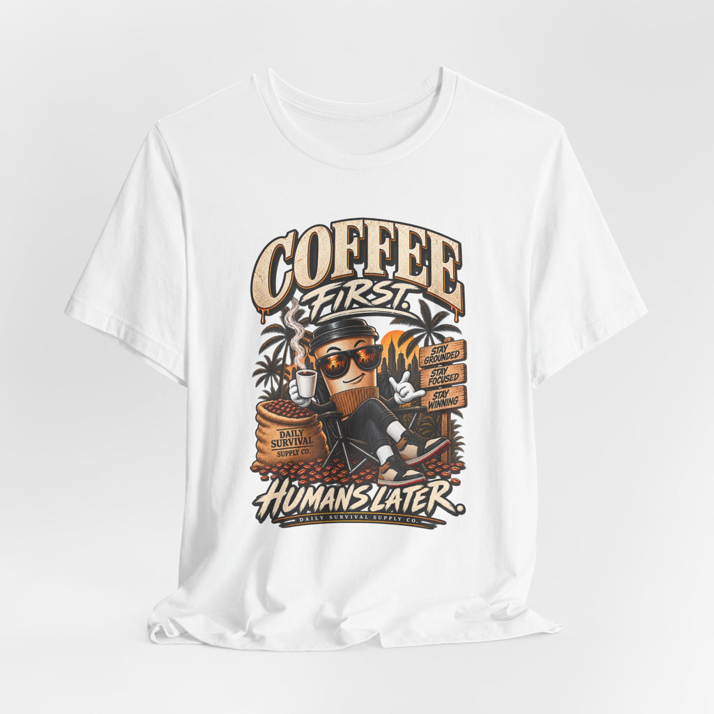 Coffee First T-Shirt | Coffee Skull Illustration, Tropical Palm, Retro Typography