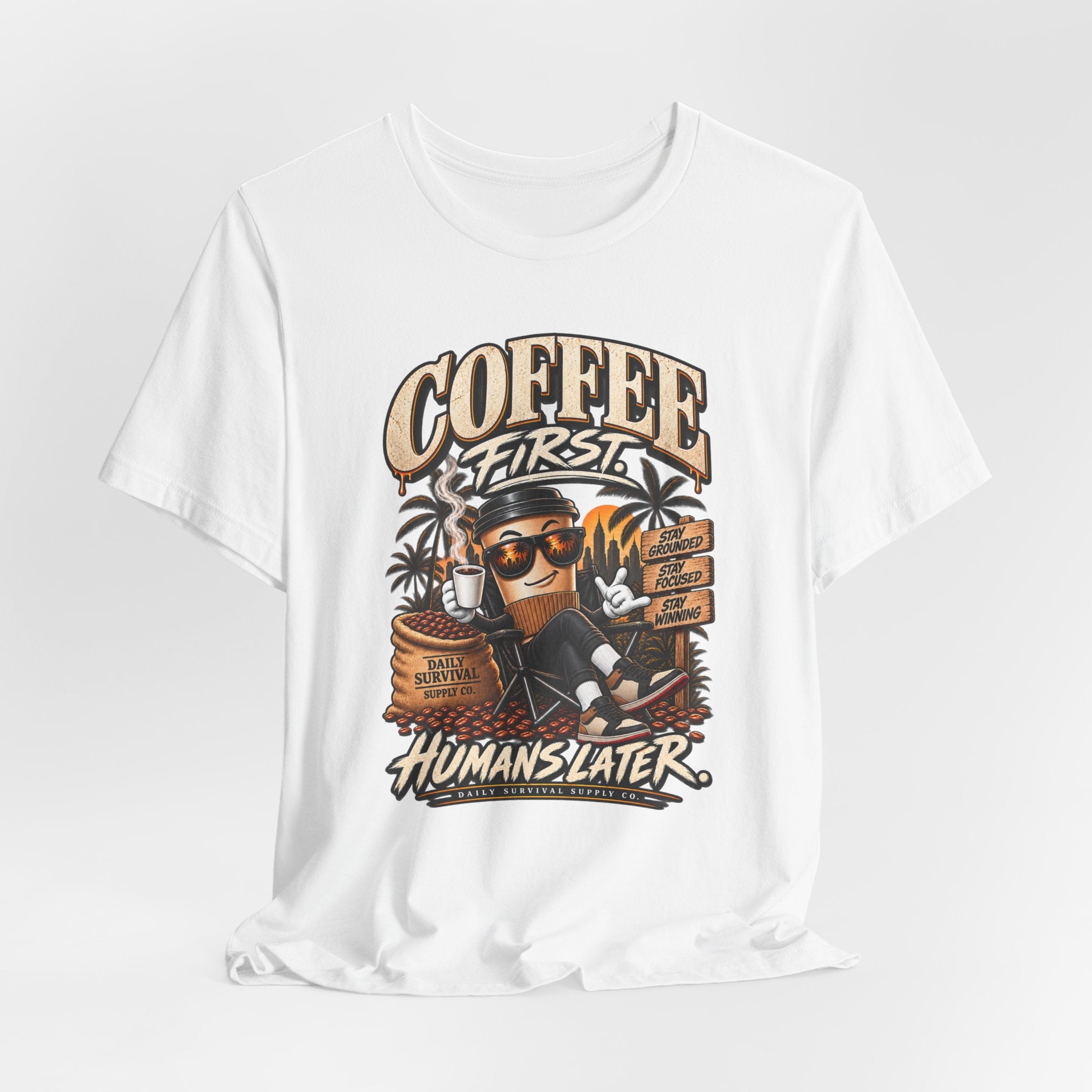 Coffee First T-Shirt | Coffee Skull Illustration, Tropical Palm, Retro Typography