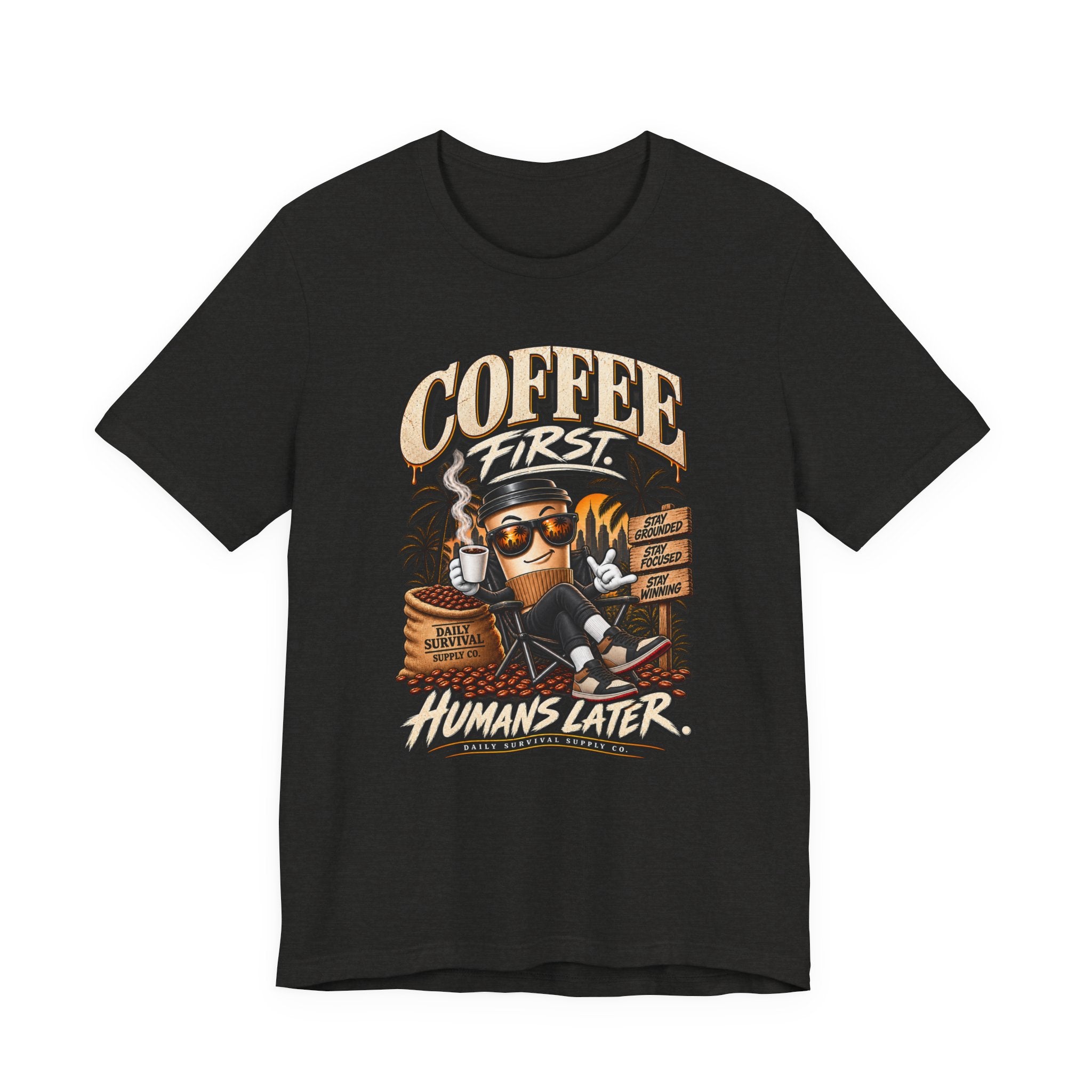 Coffee First T-Shirt | Coffee Skull Illustration, Tropical Palm, Retro Typography