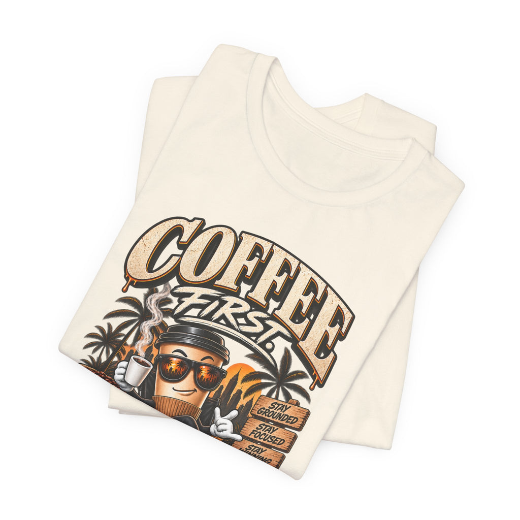 Coffee First T-Shirt | Coffee Skull Illustration, Tropical Palm, Retro Typography